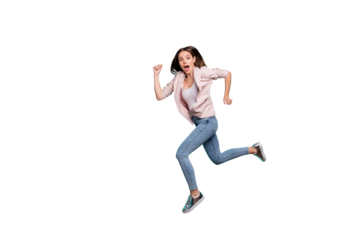 Full length body size view of her she nice-looking pretty attractive cheerful straight-haired lady storming running fast isolated over bright vivid shine blue green teal turquoise background