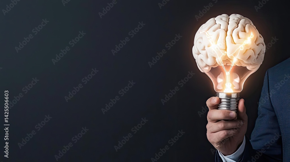 Poster half of virtual lightbulb and brain showing innovation lamp concept. a creative representation of br
