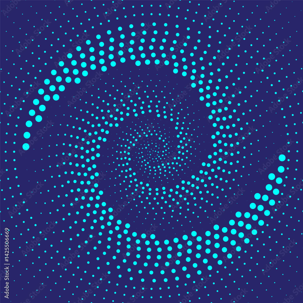Poster graphic of abstract blue dotted spiral with futuristic element for background or backdrop