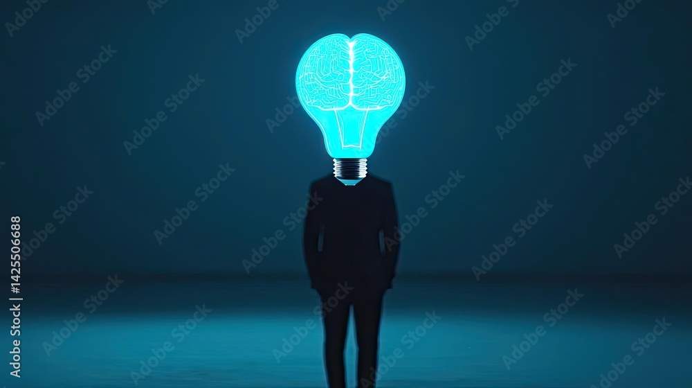 Poster half of virtual lightbulb and brain holding technology concept. a conceptual figure with a glowing b