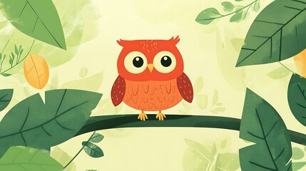 Obraz premium Cute Owl on Branch with Green Leaves.