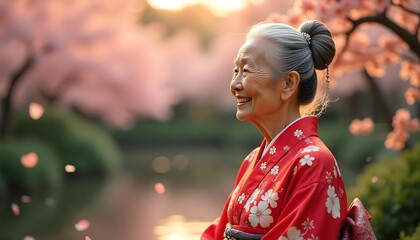 Woman in Kimono Enjoying Cherry Blossoms
