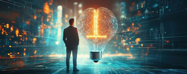 Half of virtual lightbulb and brain holding technology concept. A businessman contemplates innovative ideas in a digital world.