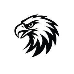 Bold Black Silhouette Vector of Eagle Head with Fierce Expression and Sharp Stylized Feathers on White Background
