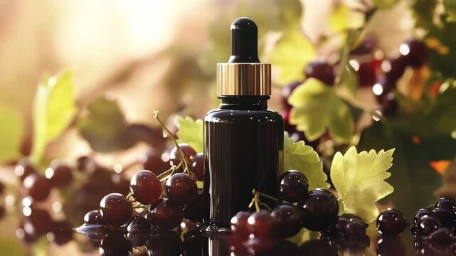 A bottle of essential oil is on a table with some berries. The bottle is half full and the berries are scattered around it. Concept of relaxation and calmness