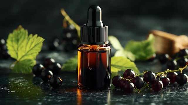 A bottle of essential oil is on a table with some berries. The bottle is half full and the berries are scattered around it. Concept of relaxation and calmness