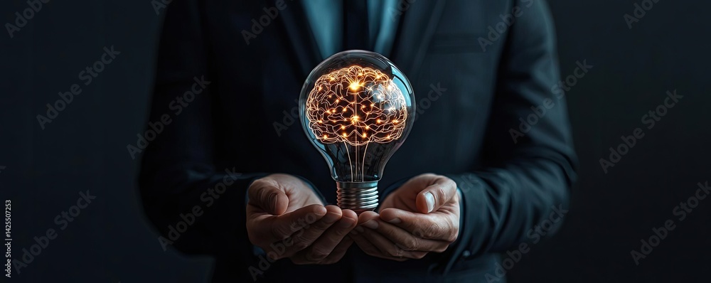 Poster half of virtual lightbulb and brain with businessman thinking concept. a man holds a glowing light b
