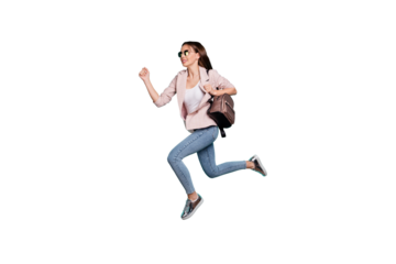 Full length body size view of nice-looking attractive cheerful cheery sportive straight-haired lady having fun running fast isolated over bright vivid shine blue green teal turquoise background