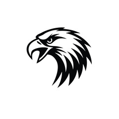 Fierce Black Silhouette of Eagle Head Vector with Curved Beak and Spiked Feathers on White Background