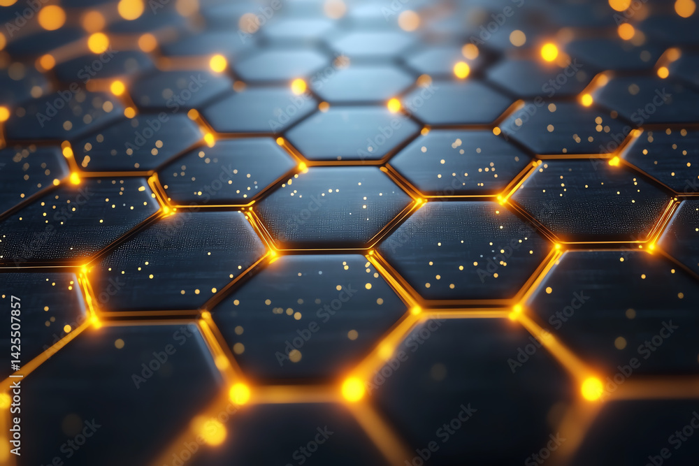 Poster a close-up view of a hexagonal surface illuminated with glowing lines and particles, showcasing a me