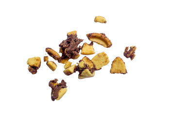scattered cake crumbs with chocolate isolated on transparent
