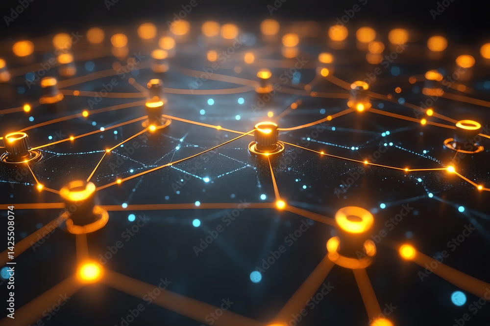 Poster A close-up view of a vibrant digital network showcasing interconnected nodes, representing advanced technology and innovation.