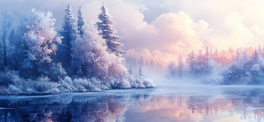 Beautiful winter landscape with trees and a river, foggy sunrise, frosty morning in Russia, panoramic view. 