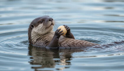 A playful otter holds a ball while floating in calm water.