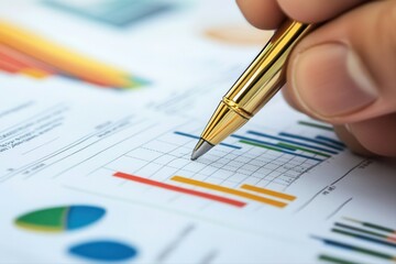 Close-up of a hand holding a gold pen over financial charts and graphs in an office setting