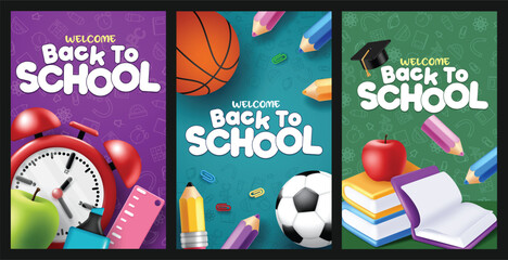 Welcome back to school greeting clipart poster set design. School text in colorful doodle educational background clip art collection with alarm clock, balls, book and color pencil education supplies 