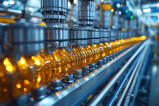 A close-up view of an automated manufacturing line showcasing glass bottle production in a modern factory.