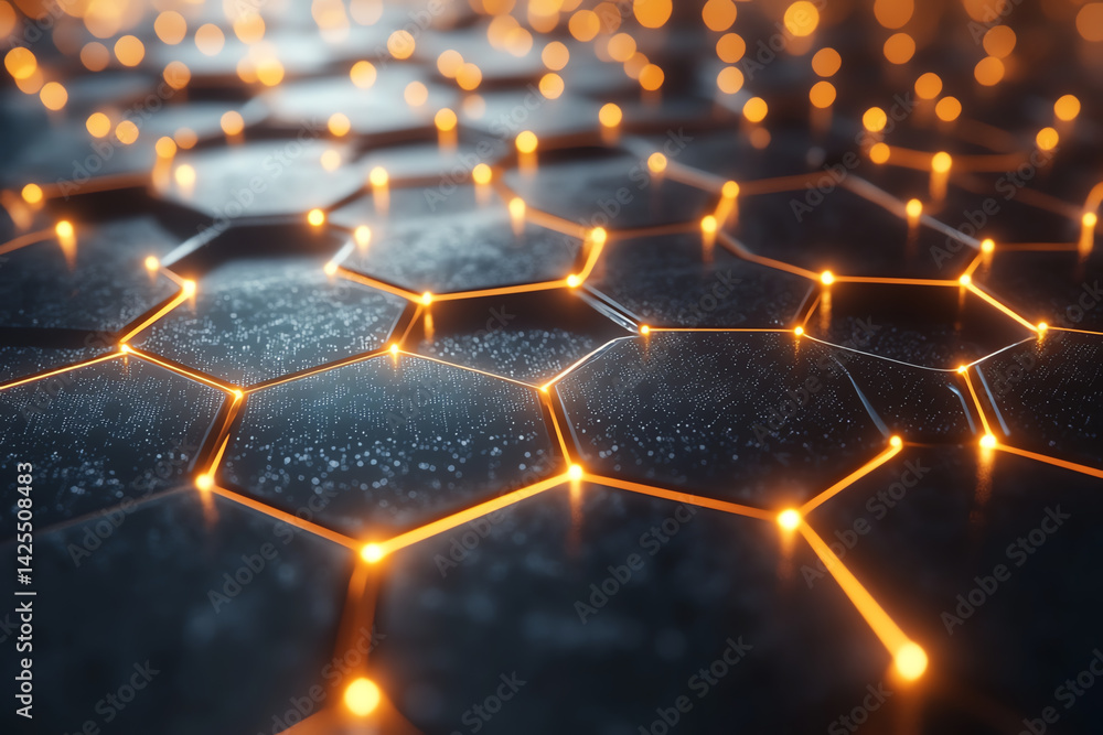 Poster a close-up view of illuminated hexagonal patterns on a textured surface, showcasing a blend of light