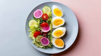 Plate of food with a salad and eggs on it. The salad is colorful and the eggs are yellow