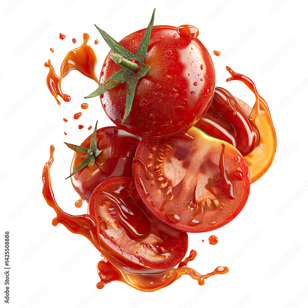 Poster fresh red tomatoes splashing with juice isolated on transparent background
