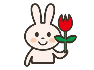 笑顔でチューリップを持つかわいいうさぎさんの上半身イラスト