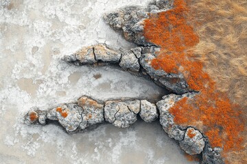 A close-up view of textured rock formations featuring vibrant orange lichen contrasting with the muted colors of the surrounding landscape.