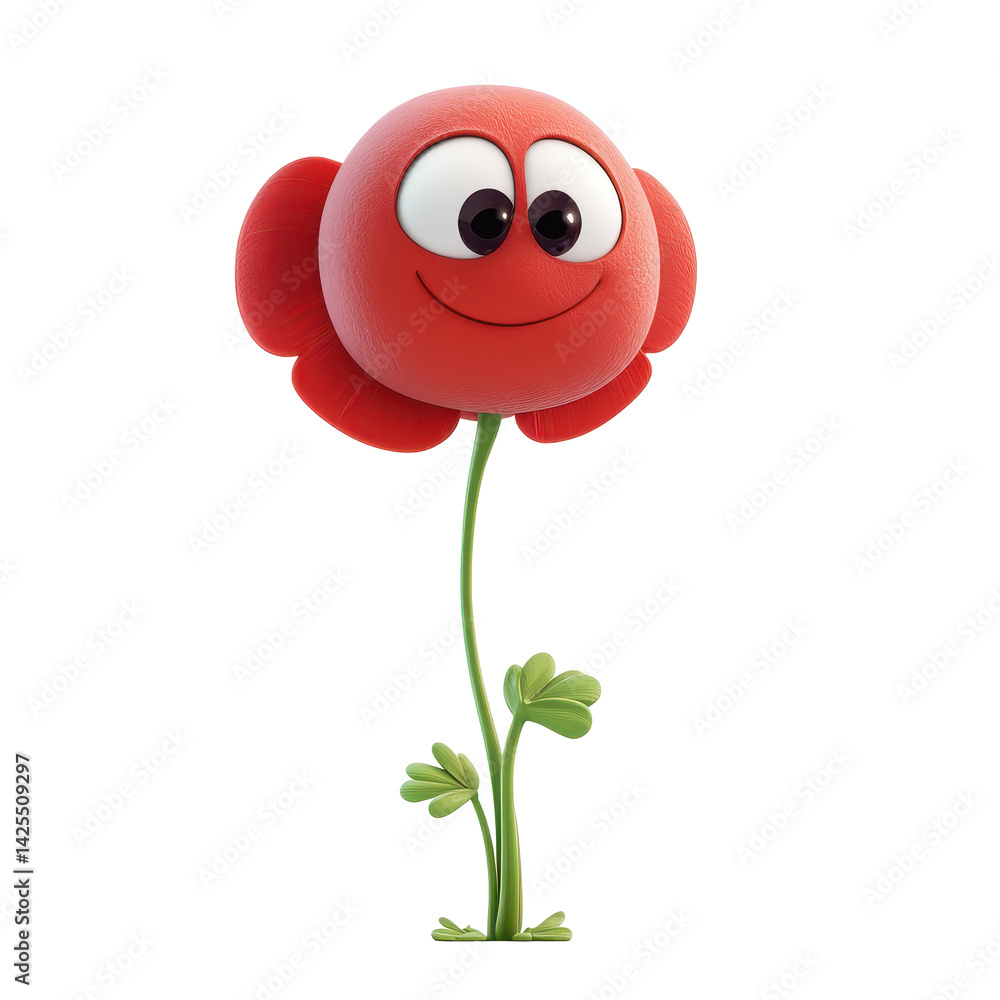 Poster colorful animated flower character standing cheerfully with a smile, featuring round body and playfu