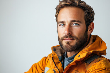 Obraz premium A confident man in an orange jacket, showcasing a rugged outdoor style and a charismatic personality, ideal for adventure themes.