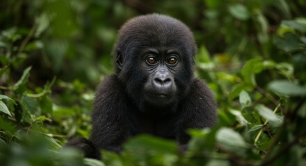 Obraz premium Intimate portrait of a charming baby gorilla surrounded by lush rainforest foliage