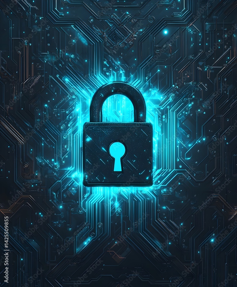 Poster a digital lock icon floating over an intricate circuit board background, symbolizing advanced securi