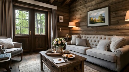A warm and inviting rustic cabin living room featuring wooden walls a comfortable sofa and nature inspired artwork and decor creating a peaceful and relaxing atmosphere