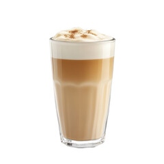 Creamy coffee beverage topped with frothy milk and sprinkled with cinnamon served in a tall glass