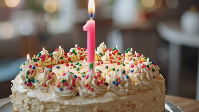 First Birthday Cake: A delicious-looking vanilla cake, adorned with colorful sprinkles and a single lit candle, celebrates a first birthday. The cake sits on a silver cake stand.