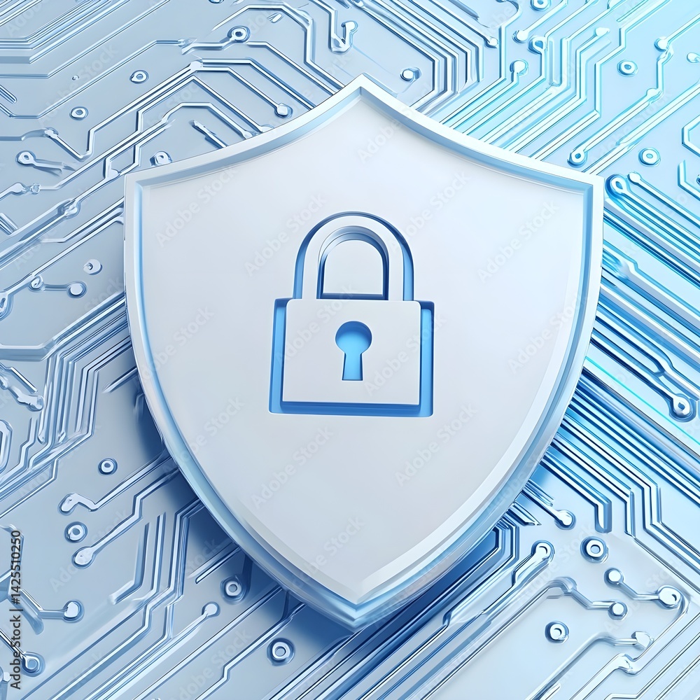 Poster 3d render of a white shield with a blue padlock icon on a circuit board background
