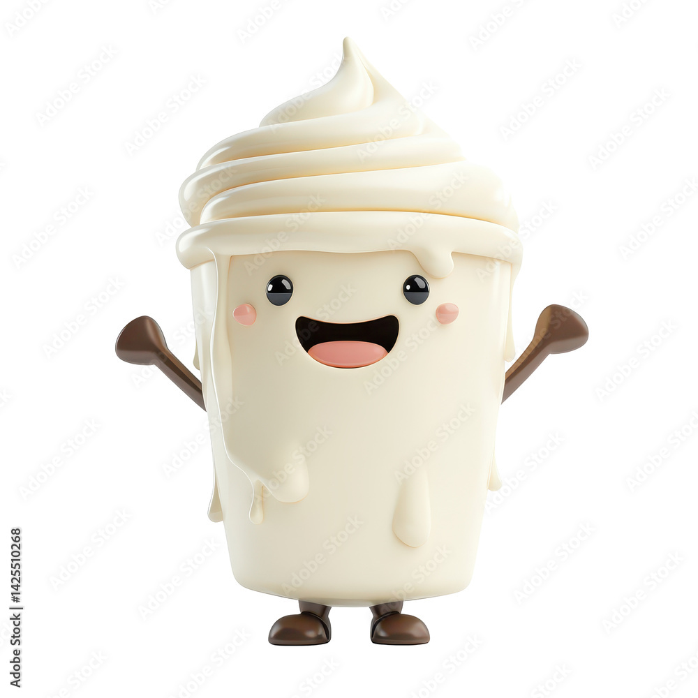 Poster cute animated character of a smiling cup with ice cream on top, engaging viewers with joyful express