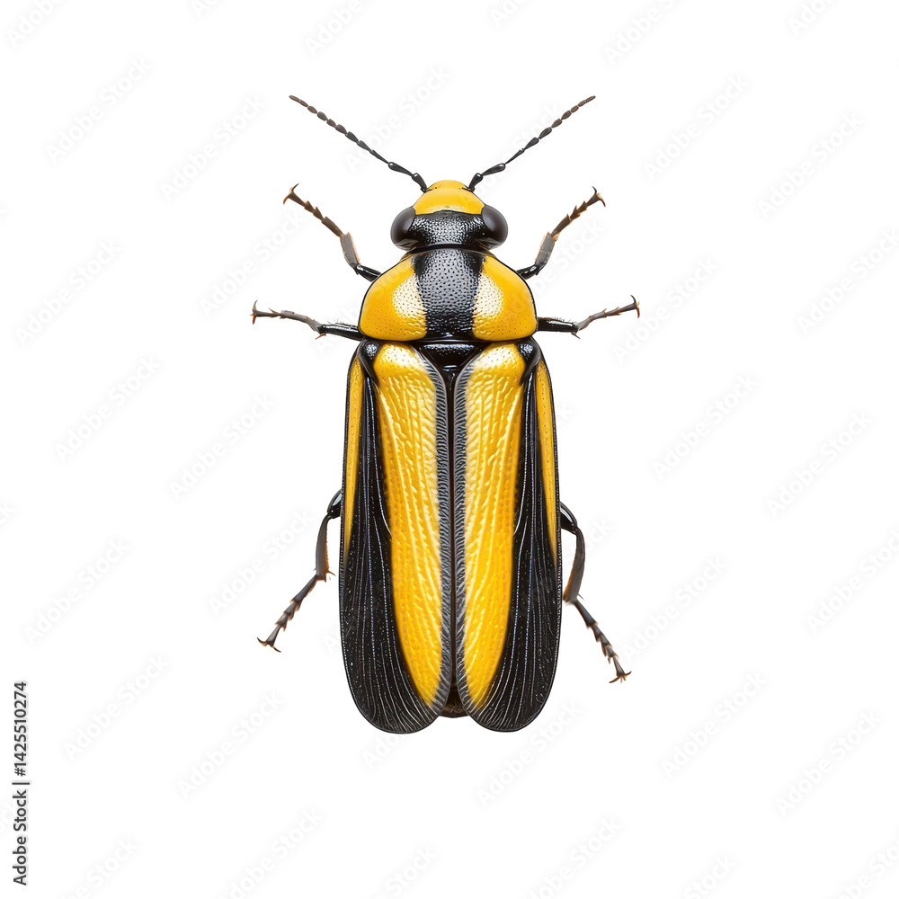 Poster colorful beetle displaying bright yellow and black patterns on a plain background in a close-up view