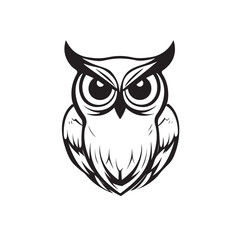 Owl vector illustration, flat and minimalist style, featuring a sharp and mysterious expression, suitable for educational designs, logos, stickers and graphic elements themed around nocturnal animals.