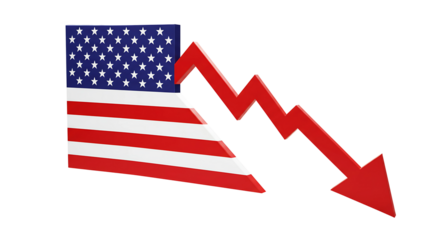 US Flag Turning Into Down Arrow Showing Economic Decline on Transparent Background

