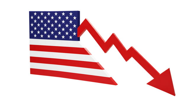 US Flag Turning Into Down Arrow Showing Economic Decline on Transparent Background


