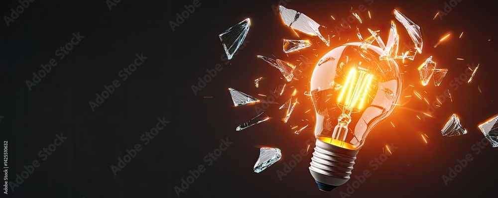 Poster explosion of lightbulb with invention and creativity concept. a broken light bulb with glowing filam