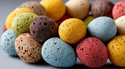 An intricate pattern of pastel colored eggs arranged in a swirling design, creating a beautiful and festive centerpiece for an Easter celebration.