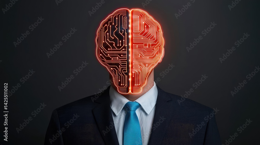 Poster half of virtual lightbulb and brain holding technology concept. a business professional with a digit