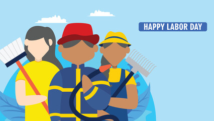 Labor day four people of different professions celebrate happily.