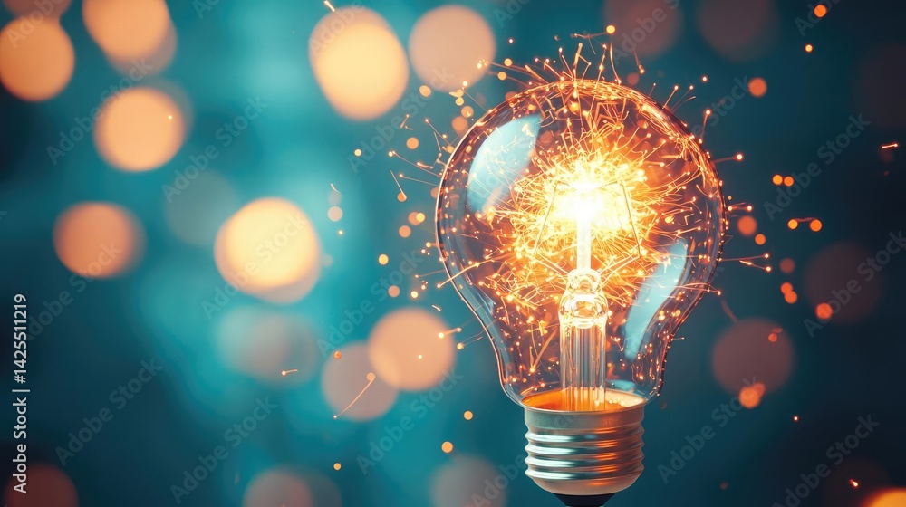 Poster explosion of lightbulb with conceptual high-speed impact concept. a light bulb emitting sparks creat