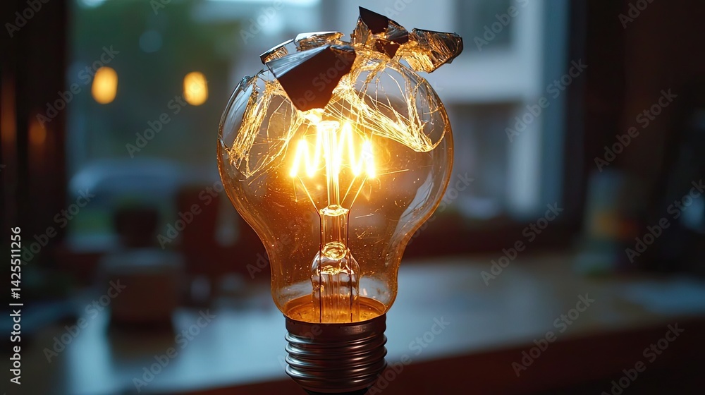 Poster explosion of lightbulb featuring electric filament concept. illuminated light bulb with a warm glow 