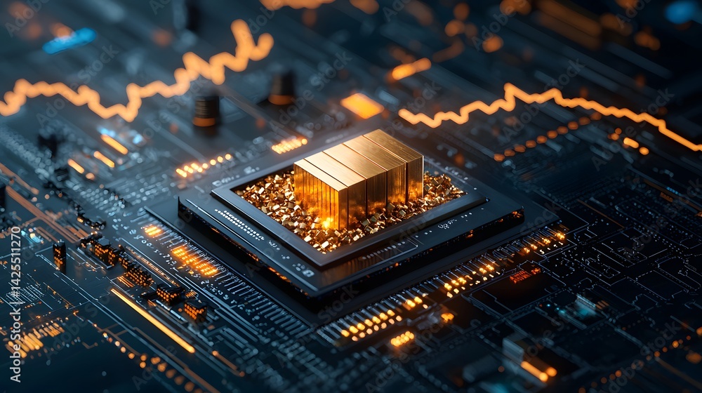Poster close up view of a sophisticated microchip embedded within the intricate network of conductive trace