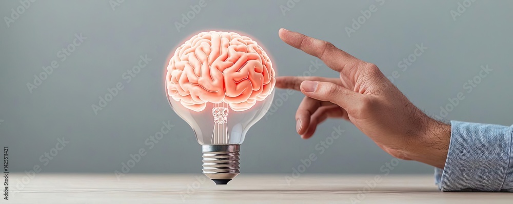 Poster half of virtual lightbulb and brain in businessman innovation concept. a creative representation of 