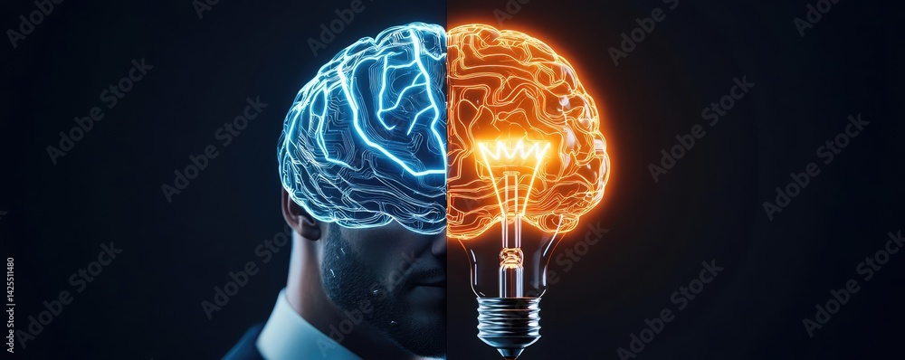 Poster half of virtual lightbulb and brain holding technology concept. a creative representation of a brain