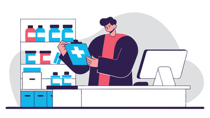 A male pharmacist carefully studies the documentation on the tablet. He is conducting an inventory in the drugstore.