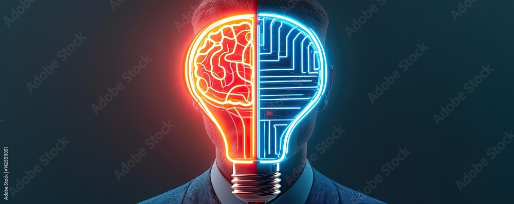 Poster half of virtual lightbulb and brain holding technology concept. a conceptual image of a lightbulb he